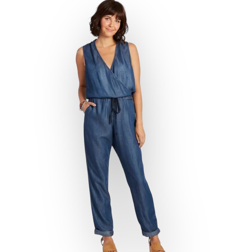 Love Stitch Tencel Chambray Jumpsuit Drawstring Waist Sleeveless Blue Size M